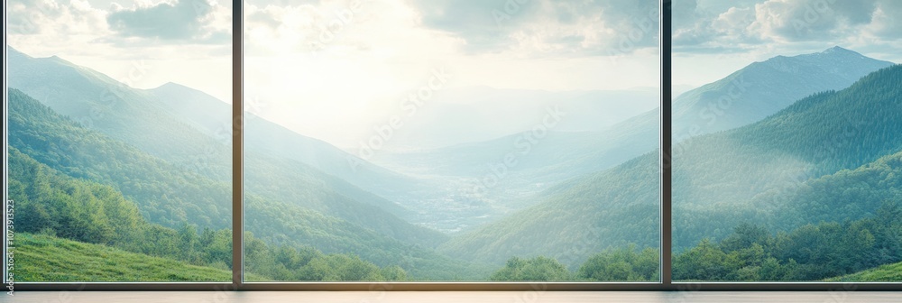 Aufkleber the window beautifully captures a calm natural landscape of mountains and lush greenery under a clea