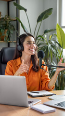 A woman in a home office setting, hosting a podcast while wearing headphones and speaking into a microphone. Ideal for content related to remote work, podcasting, and digital communication, copy space