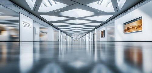 A spacious minimalist exhibition hall with sleek polished floors, modern angular ceiling beams, and blurred signage on sleek walls.