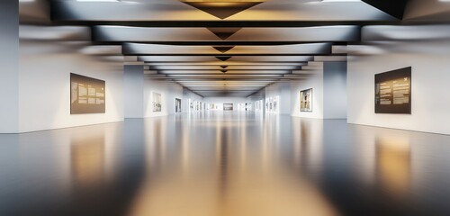 A spacious minimalist exhibition hall with sleek polished floors, modern angular ceiling beams, and blurred signage on sleek walls.