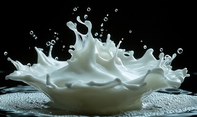 A dramatic splash of white liquid creates a crown-like shape against a black background.