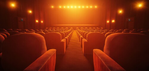 A warmly lit cinema stage, framed by rows of soft, plush seats, ready to provide a luxurious cinematic experience.