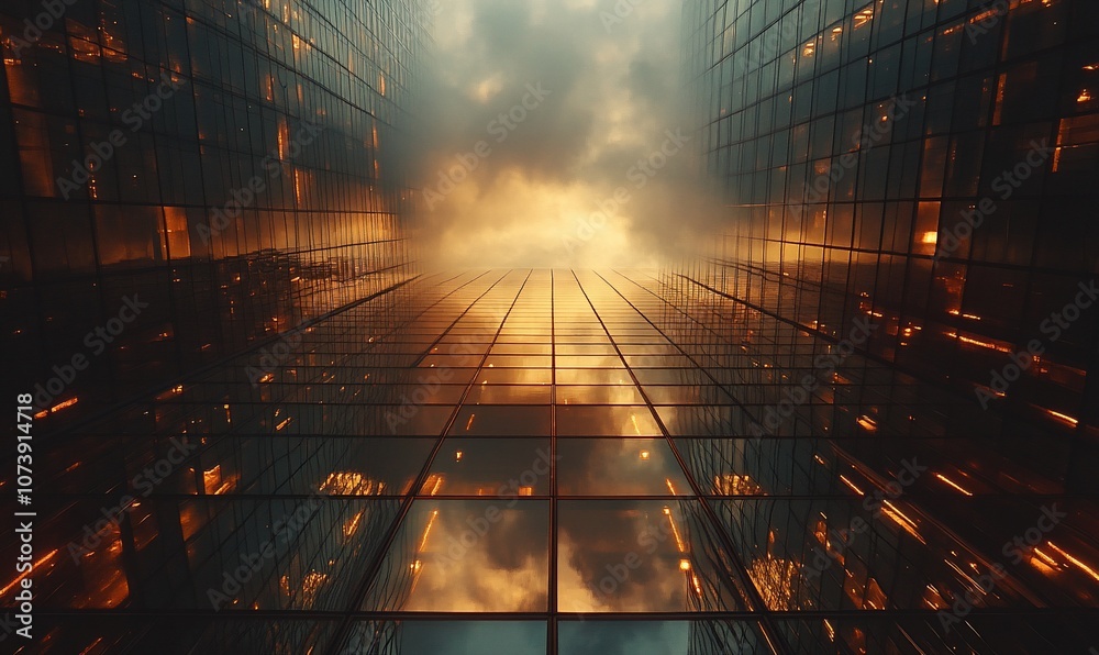 Poster a low angle view of a futuristic city with tall glass buildings and a sunset sky visible through the
