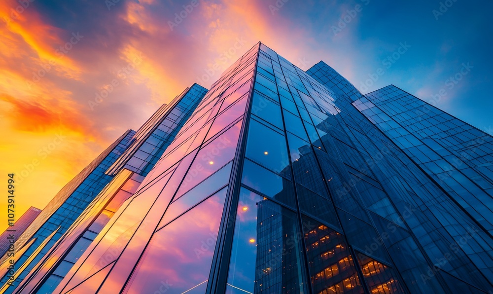 Poster a low angle view of a modern skyscraper with a glass facade reflecting a colorful sunset sky.
