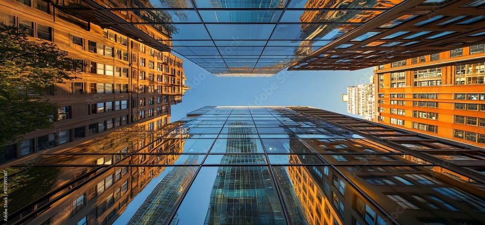 Poster a low angle view of a skyscraper with reflections of surrounding buildings in the glass facade.