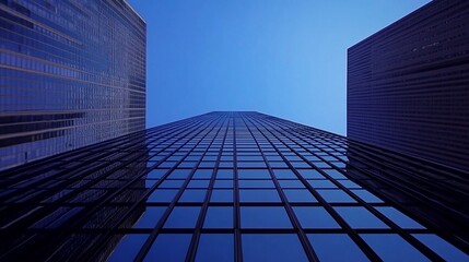 A low angle view of a skyscraper with blue glass windows, surrounded by other tall buildings against a clear blue sky.