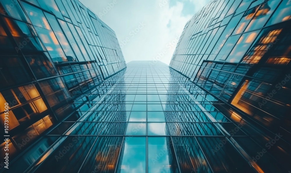 Poster a low angle view of two modern glass skyscrapers reaching towards a cloudy sky.