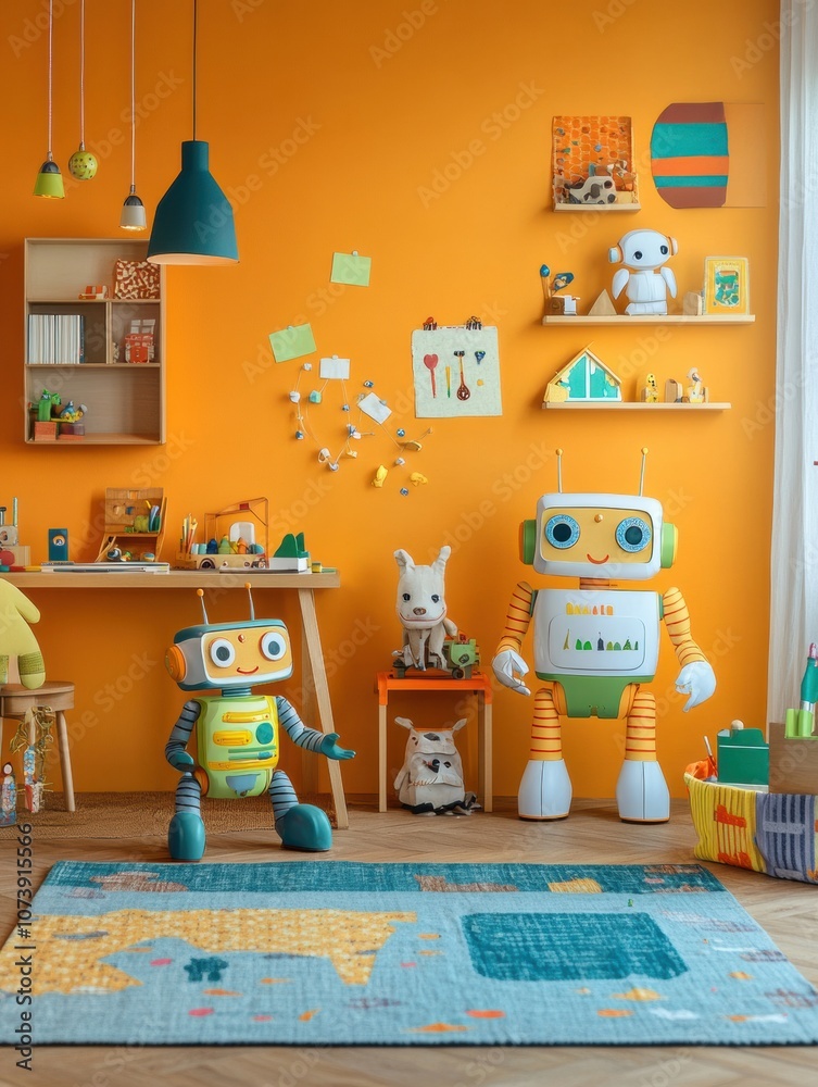 Poster bright colors fill this children's room, where friendly robots add charm and fun while surrounded by