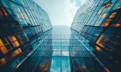 Fototapeta premium A low angle view of two modern glass skyscrapers reaching towards a cloudy sky.