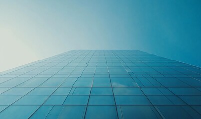 A low-angle view of a modern glass skyscraper reaching towards the sky.