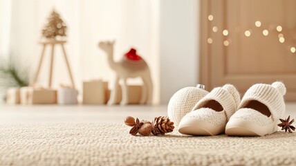A warm, cozy scene of children placing their shoes by the door, with small gifts, sweets, and straw for the camels nearby