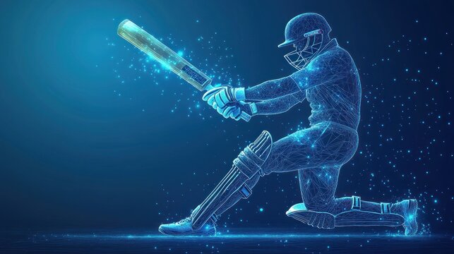 A digital illustration of a cricket player in action with glowing effects.