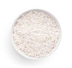 Raw dry rice in bowl isolated on white background, top view. Main asian food ingredient