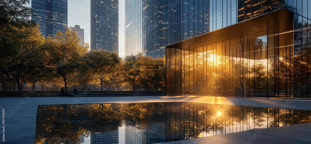 Aufkleber a modern building with a reflecting pool in front, with the sun shining through the glass windows.