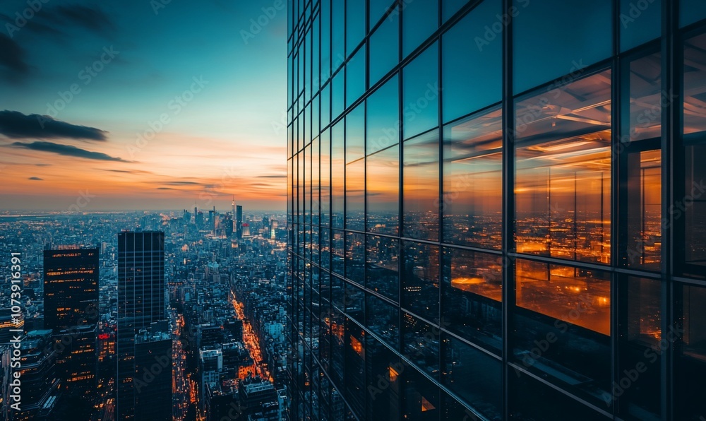 Poster a modern cityscape at sunset, viewed from the glass facade of a skyscraper. the warm hues of the sky