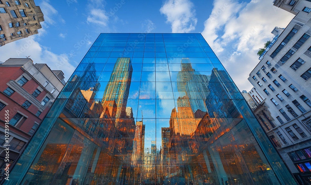 Poster a modern glass building reflects the cityscape in its windows, creating a stunning visual effect.
