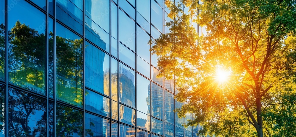 Poster a modern glass building with a large tree in front of it, the sun shining through the leaves.