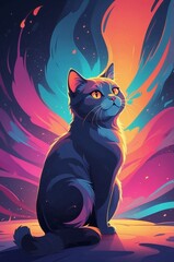 Colorful illustration of a cat on a cinematic background