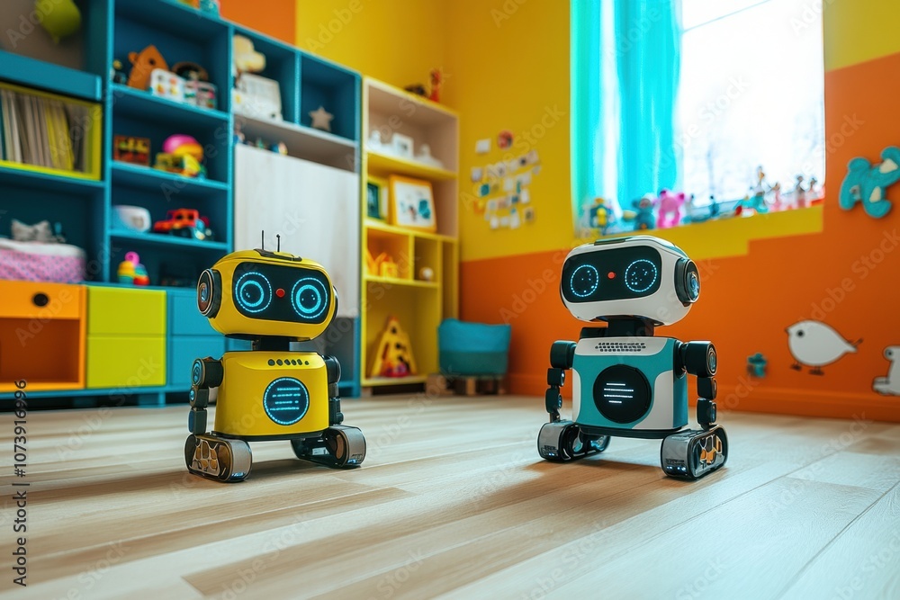 Aufkleber brightly colored room filled with toys where friendly robot assistants engage children in imaginativ