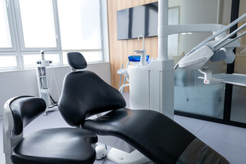 Empty dentist office for medical wellness, furniture for oral healthcare
