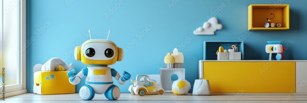 Aufkleber Brightly decorated children's room filled with cheerful robot helpers playing and exploring, creating a joyful atmosphere for kids. Generative AI