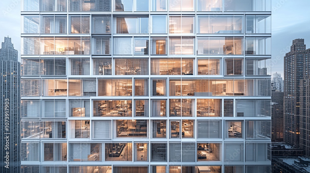 Poster A modern glass skyscraper with numerous windows and a grid-like pattern. The building is illuminated from within, showing glimpses of the interior rooms.