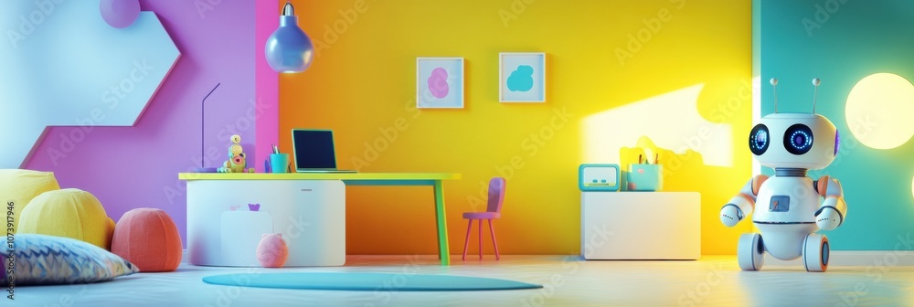 Aufkleber a bright children's room filled with cheerful colors and playful robot helpers engaging in fun activ