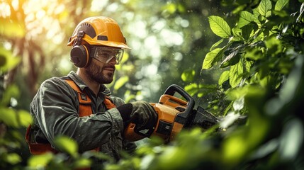Worker using a chainsaw to trim foliage in a forested area.