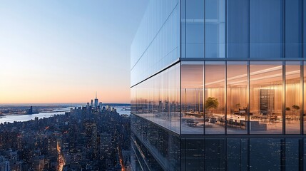 A modern glass skyscraper with panoramic views of a city skyline at sunset.