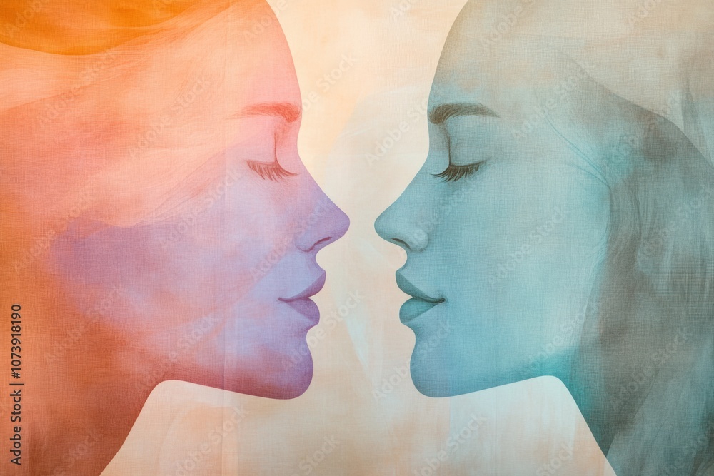 Leinwandbilder two abstract silhouettes in soft pastel tones showcase a connection, illustrating themes of communic