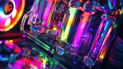 A close-up of a colorful computer cooling system with vibrant lighting.