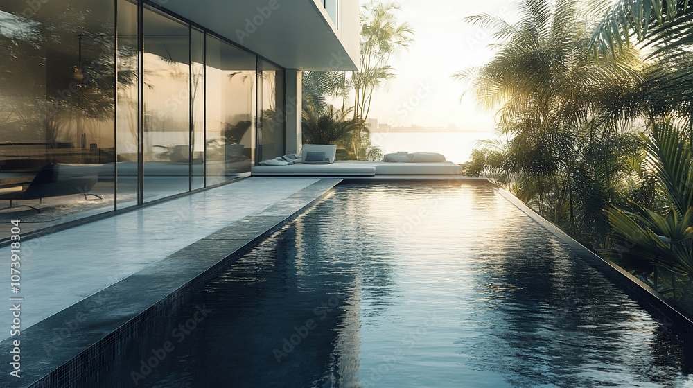 Poster a modern home with a swimming pool and a view of the ocean at sunset.