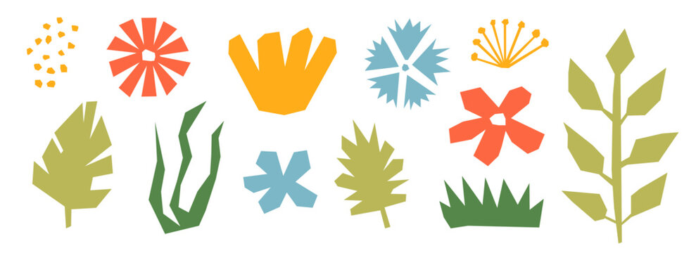 Cut out organic paper elements collection. Colorful abstract floral collage shape set. Kid cut plants, flowers, leaves bundle for decoration, poster, banner, print. Children illustration pack. Vector