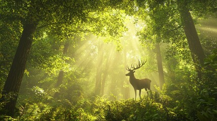 Fototapeta premium Enchanting Panoramic View of Dense Forest Through Deer's Eyes - Ultra-Detailed 3D Render with Play of Light and Shadow