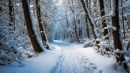A snow-covered road winding through a dense, snow-laden forest, offering a tranquil and remote winter journey amidst the trees