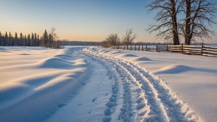 Obraz premium A snow-covered path leading through a quiet village on the edge of a forest, surrounded by serene winter landscapes and cozy homes