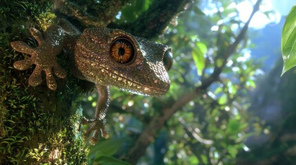 Intricate 3D Render Close-up of Gecko on Tree Branch in Lush Forest with Reflective Eyes | Ultra-Detailed Digital Artwork