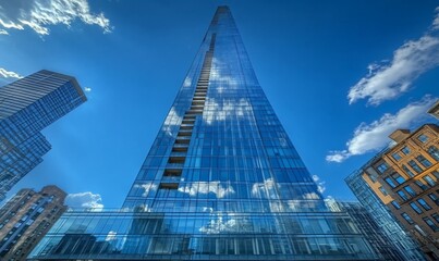 A modern skyscraper with a glass facade reflects the clouds in the blue sky.