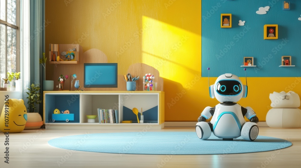 Aufkleber in a colorful children's room, friendly robot assistants interact with kids, fostering a playful and