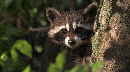 Naklejka premium Curious Raccoon Peeking Behind Tree - Ultra-Detailed 3D Render Digital Artwork of Playful Nocturnal Wildlife in Natural Setting