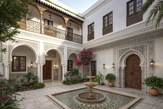 Spanish colonial architecture, ornate courtyard, arched doorways, white stucco walls, terracotta roof tiles, decorative tile fountain, potted plants, bougainvillea flowers, wrought iron details, tradi