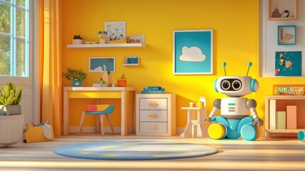 The cheerful children's room features playful robot assistants alongside vibrant decorations, inviting creativity and fun exploration. Generative AI