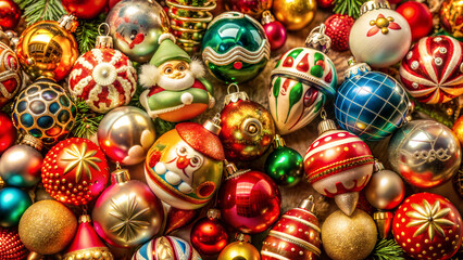 Fototapeta premium Vintage colorful Christmas tree decorations, retro christmas tree toys, selective focus, top view