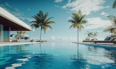 Fototapeta premium A modern, luxurious house with a swimming pool overlooking the ocean, with palm trees and a blue sky.