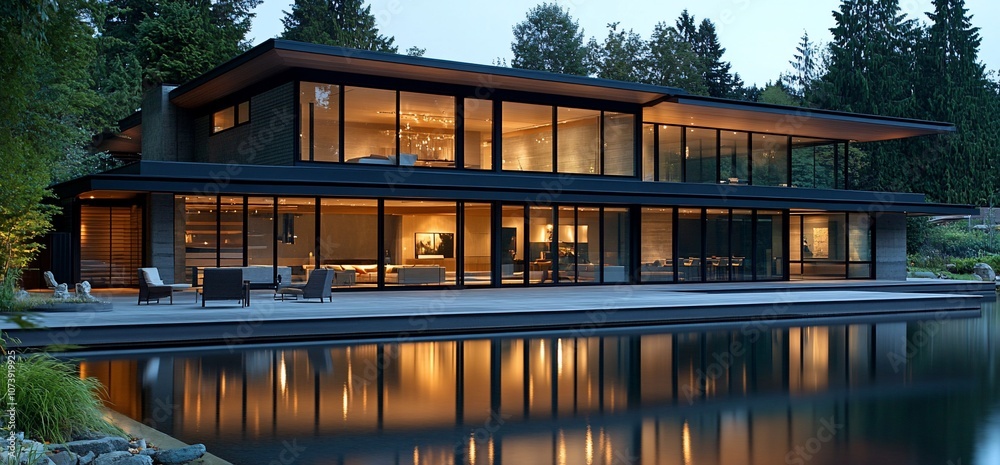 Poster a modern, two-story house with large windows overlooking a still pond at dusk. the home has a sleek,