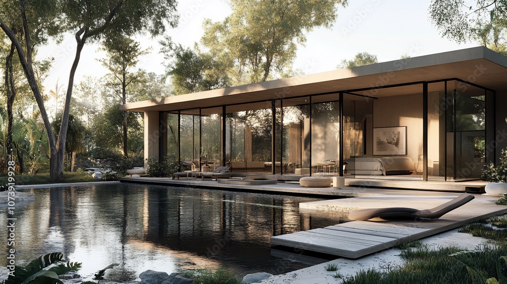 Poster a modern, minimalist house with a large pool and surrounding lush greenery.