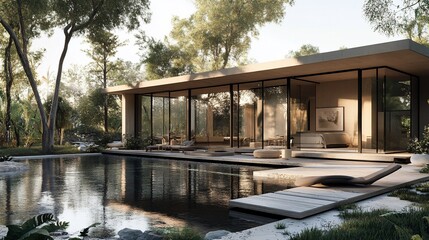 Obraz premium A modern, minimalist house with a large pool and surrounding lush greenery.