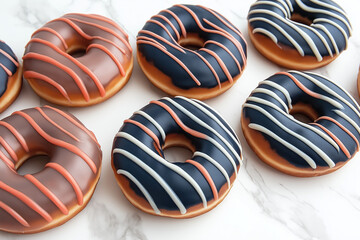 decorative donuts with navy blue, red, and white striped icing patterns on a marble background