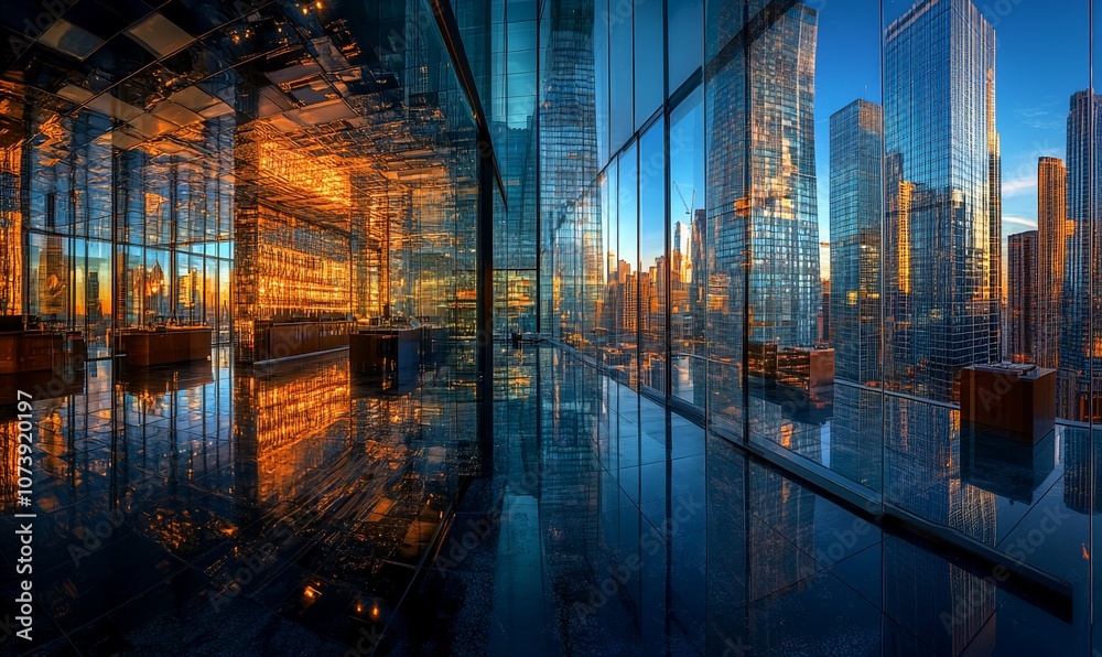 Poster a panoramic view of a modern city skyline from a high-rise building with large windows and a sleek i