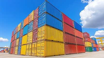 Fototapeta premium Large Stack of Colorful Shipping Containers at a Cargo Port on a Sunny Day With Blue Sky